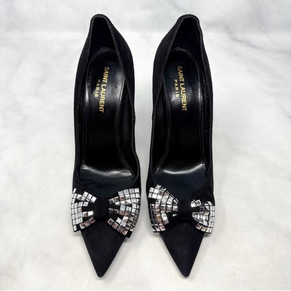 Saint Laurent Black Heels with Metallic Bow - Picture 1 of 10